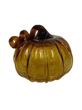 Handblown Small Crackle Glass Pumpkin Fall Decoration Amber Curly Brown Stem